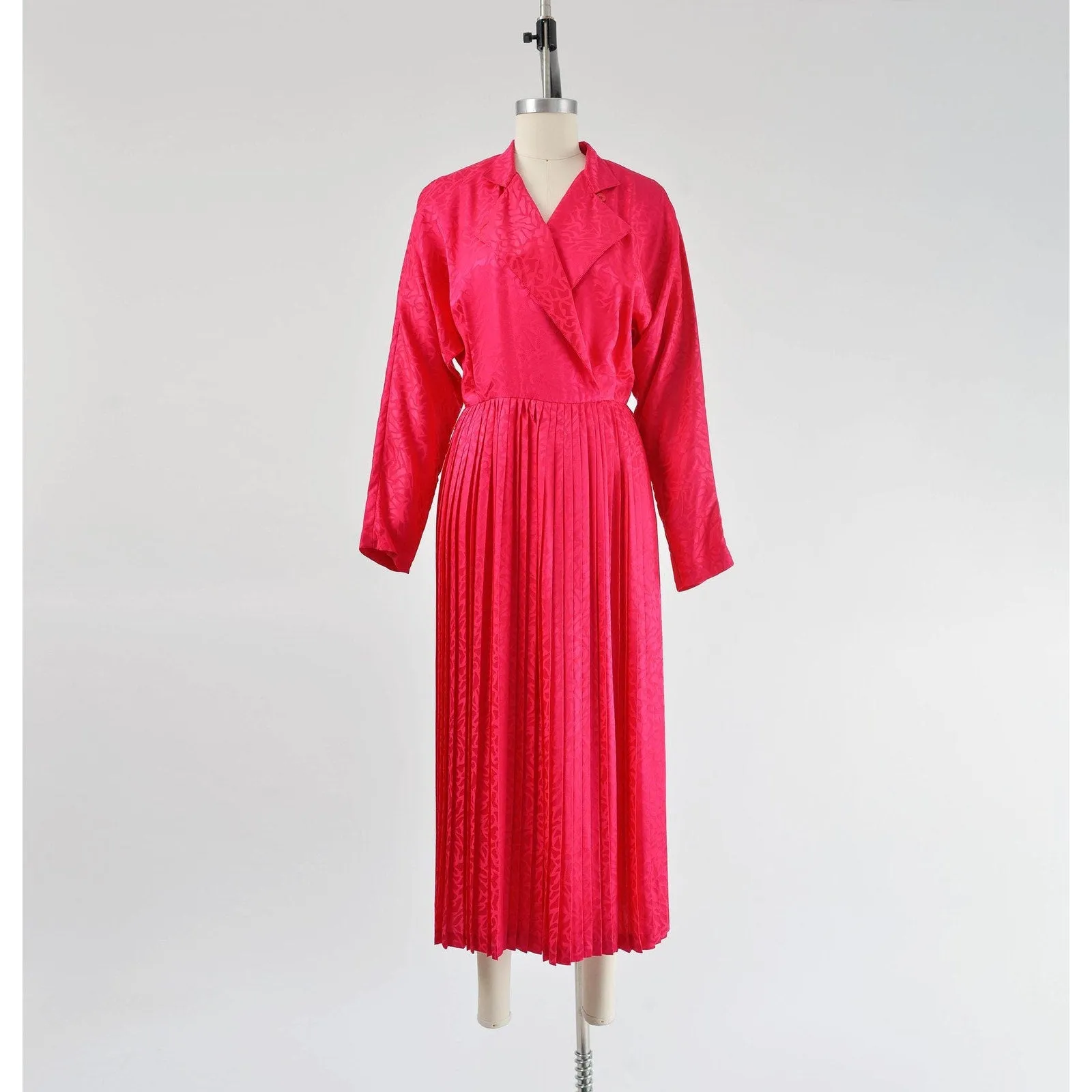 Vintage 80s Pink Silk Satin Dolman Sleeve Ankle Length Pleated Wrap Dress S