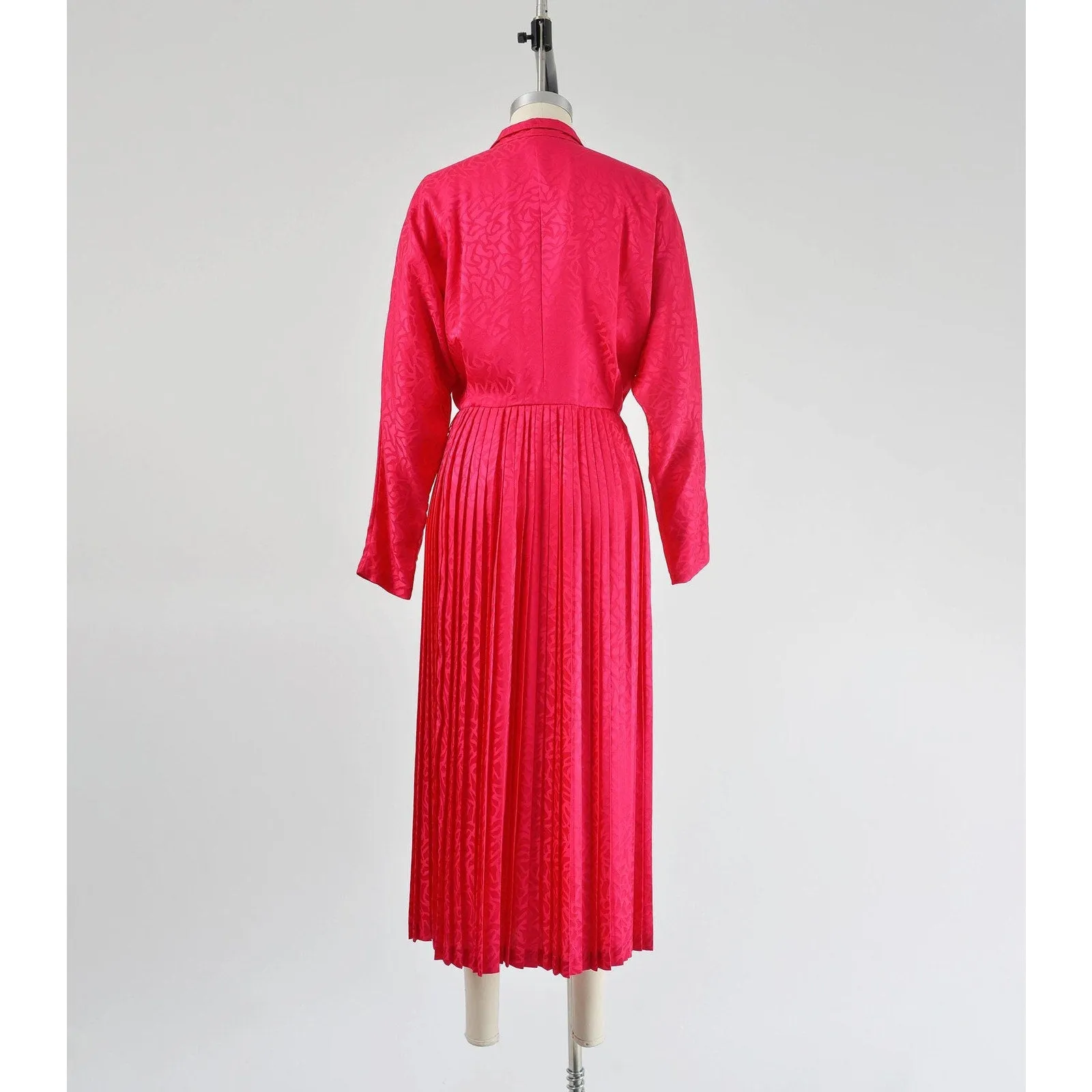 Vintage 80s Pink Silk Satin Dolman Sleeve Ankle Length Pleated Wrap Dress S