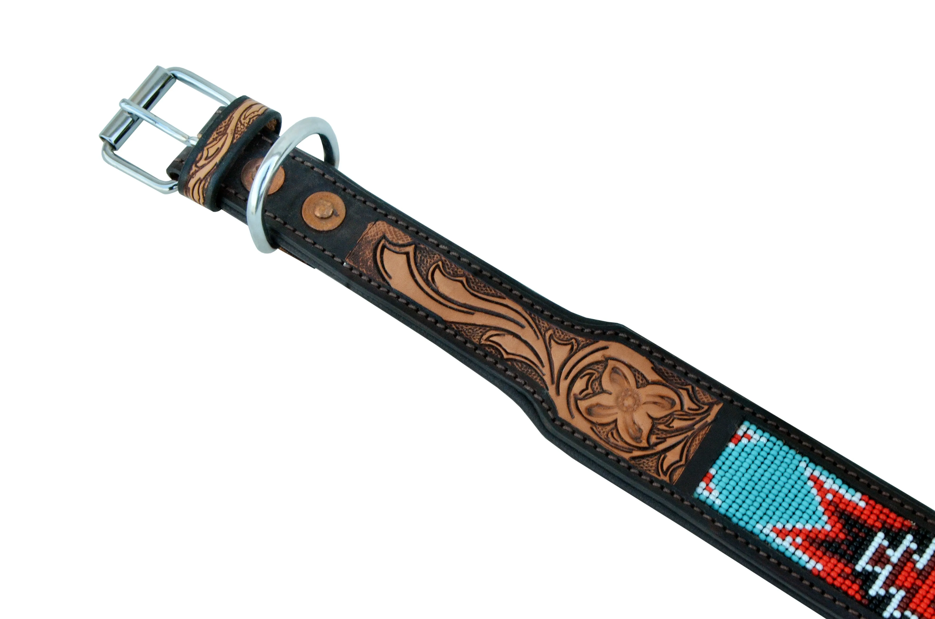 Western Style Beaded and Tooled Leather Dog Collar With Padded Soft Lining 10AB008