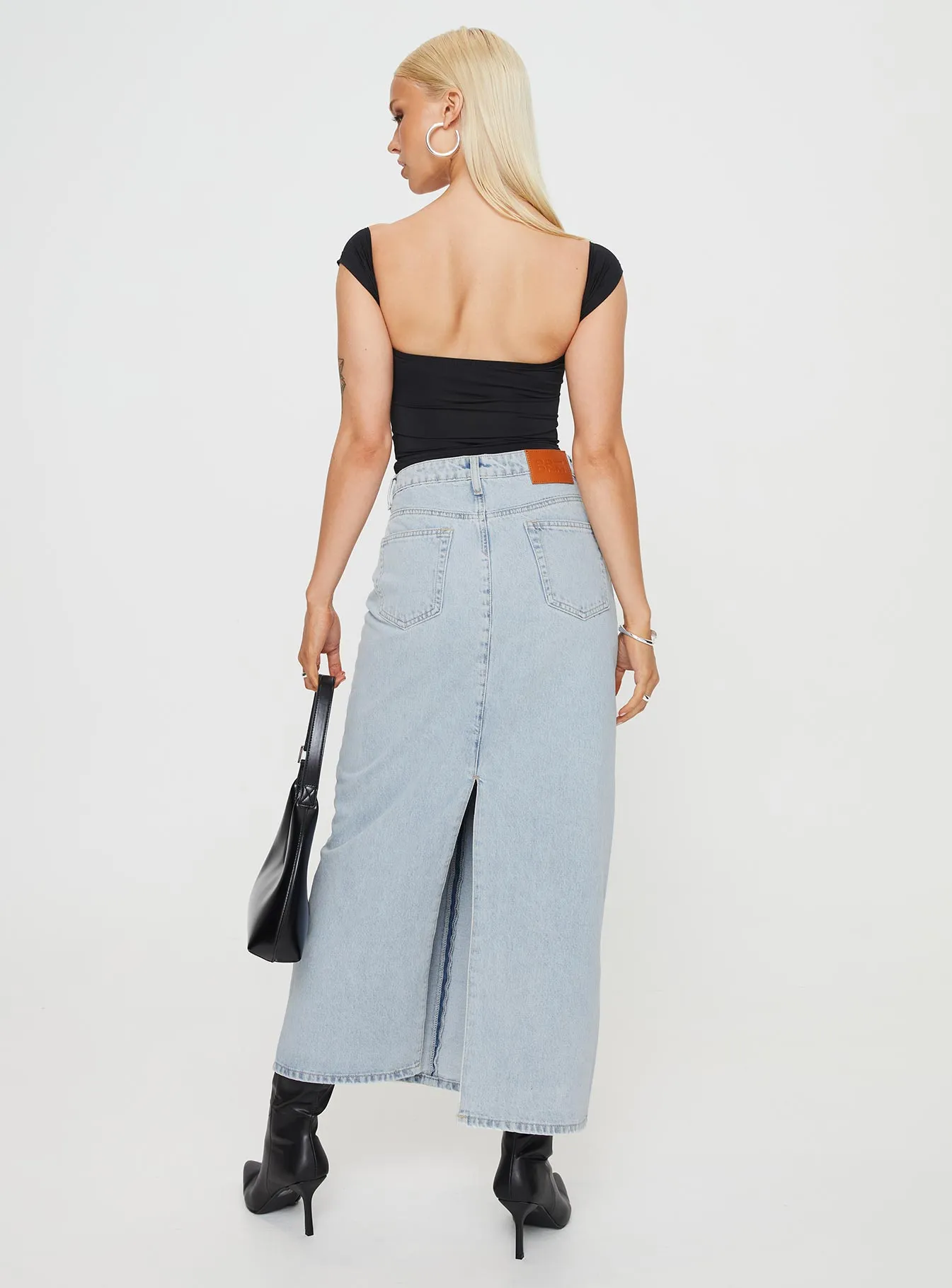 Whessler Split Back Denim Midi Skirt Light Wash