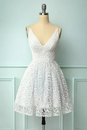 White Lace A-line Short Dress Homecoming Dress     fg3744