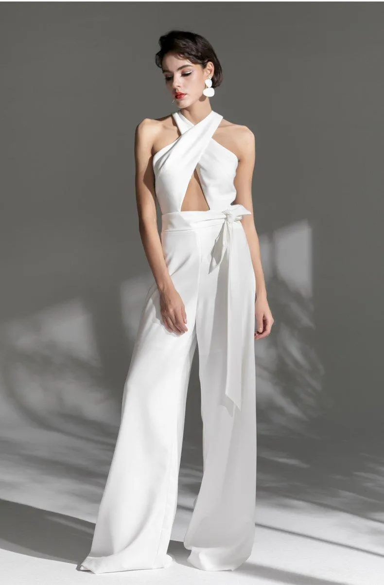 White Long  cross halter neck Deep v Sexy Party cocktail wedding jumpsuit - Morgana