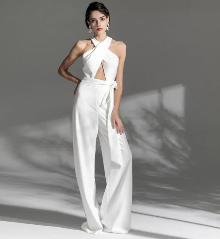 White Long  cross halter neck Deep v Sexy Party cocktail wedding jumpsuit - Morgana