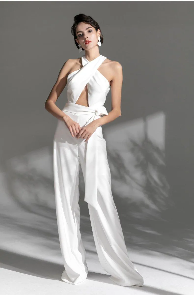 White Long  cross halter neck Deep v Sexy Party cocktail wedding jumpsuit - Morgana