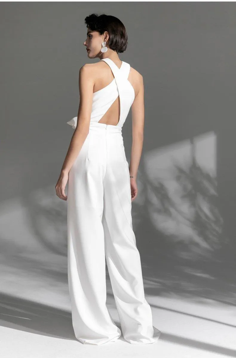 White Long  cross halter neck Deep v Sexy Party cocktail wedding jumpsuit - Morgana