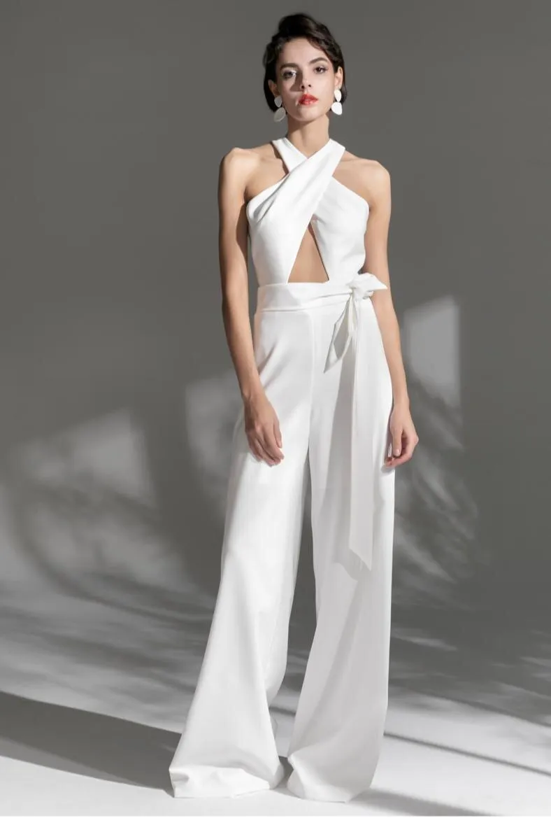 White Long  cross halter neck Deep v Sexy Party cocktail wedding jumpsuit - Morgana