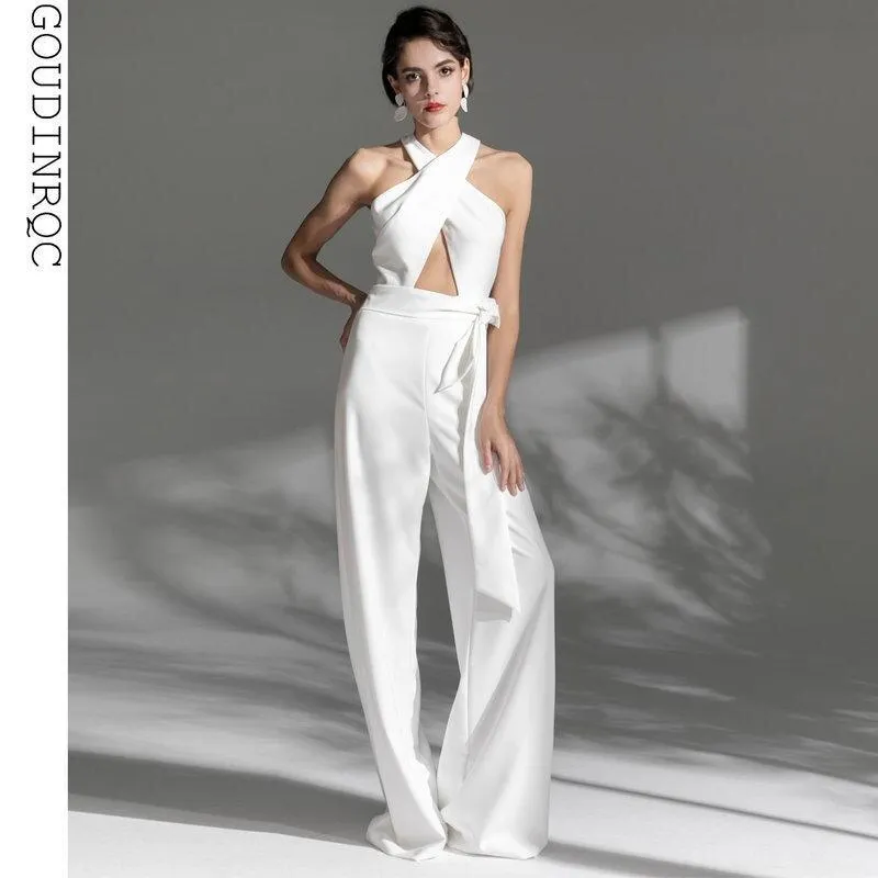 White Long  cross halter neck Deep v Sexy Party cocktail wedding jumpsuit - Morgana