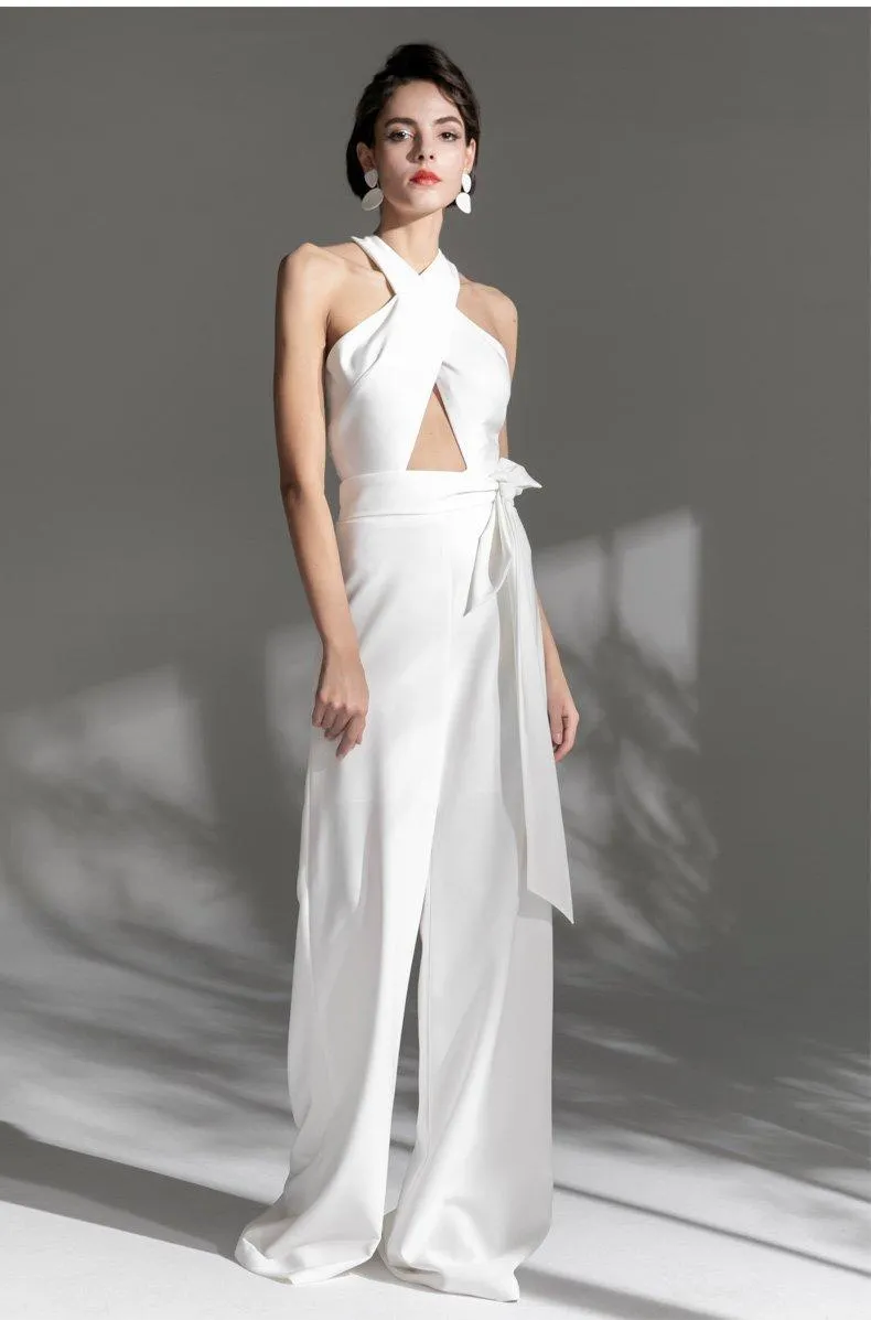 White Long  cross halter neck Deep v Sexy Party cocktail wedding jumpsuit - Morgana