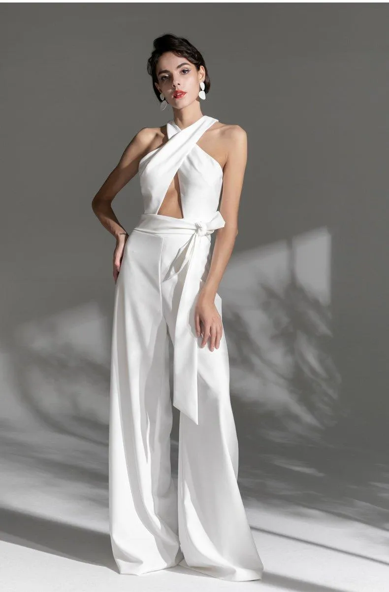 White Long  cross halter neck Deep v Sexy Party cocktail wedding jumpsuit - Morgana