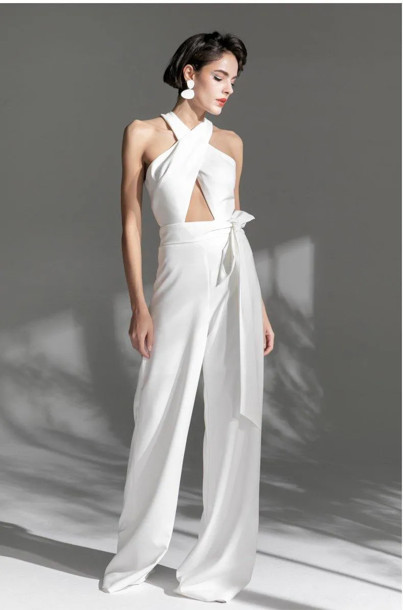 White Long  cross halter neck Deep v Sexy Party cocktail wedding jumpsuit - Morgana