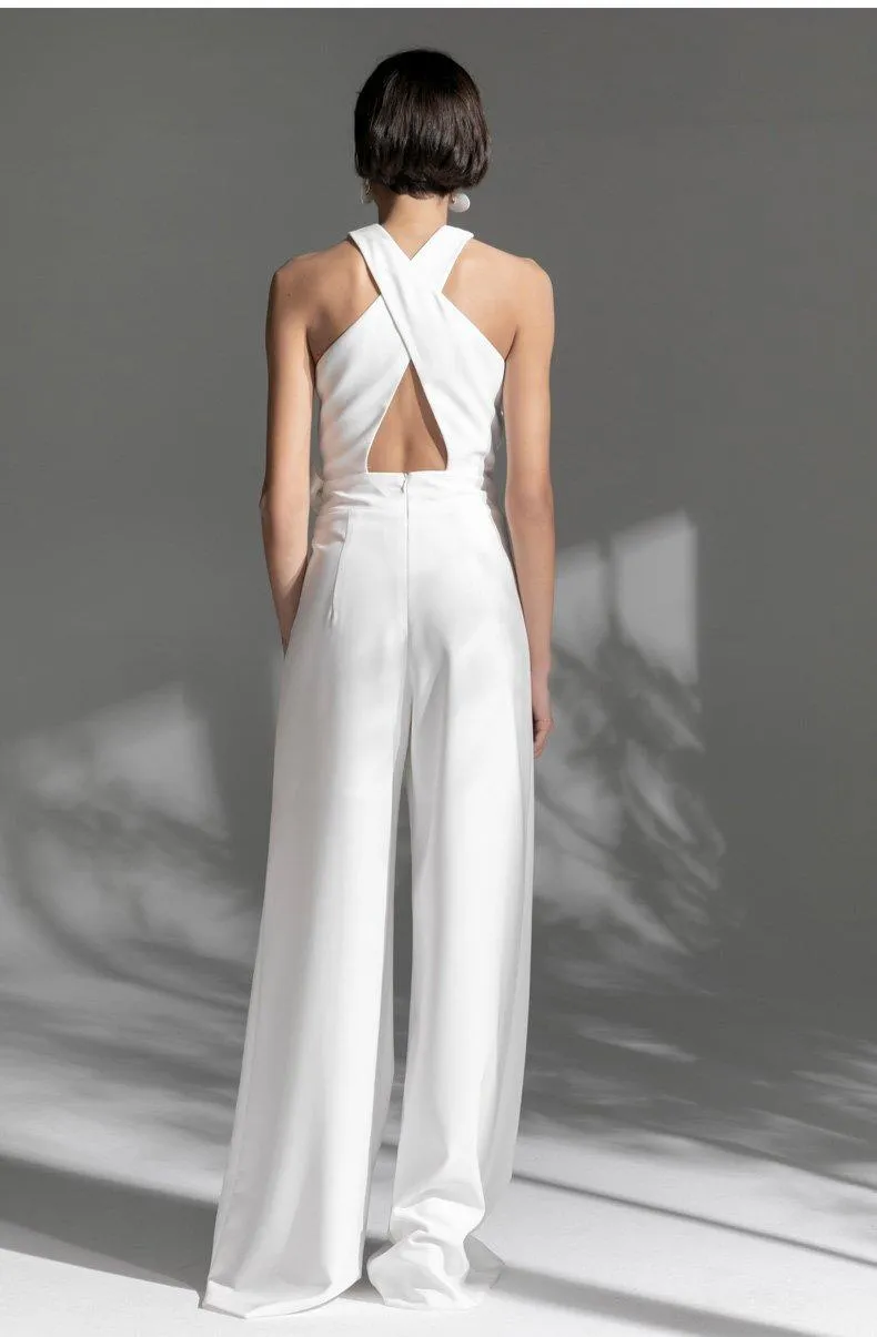 White Long  cross halter neck Deep v Sexy Party cocktail wedding jumpsuit - Morgana