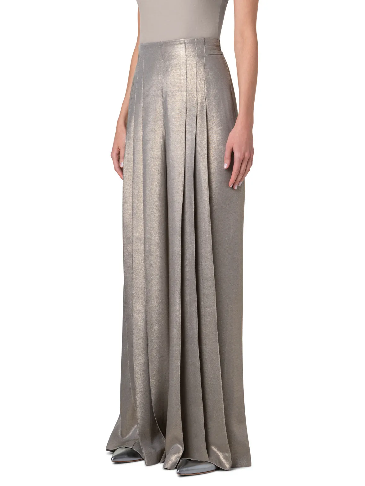 Wide Leg Silk Lurex Pants with Front Pleats