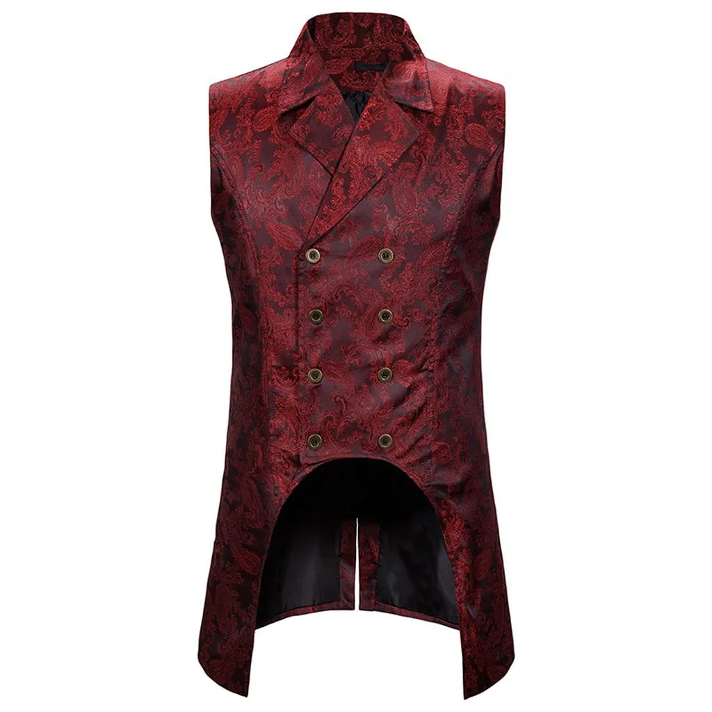 Wine Red Paisley Jacquard Long Vest Men Double Breasted Lapel Brocade Vest Waistcoat Mens Gothic Steampunk Sleeveless Tailcoat