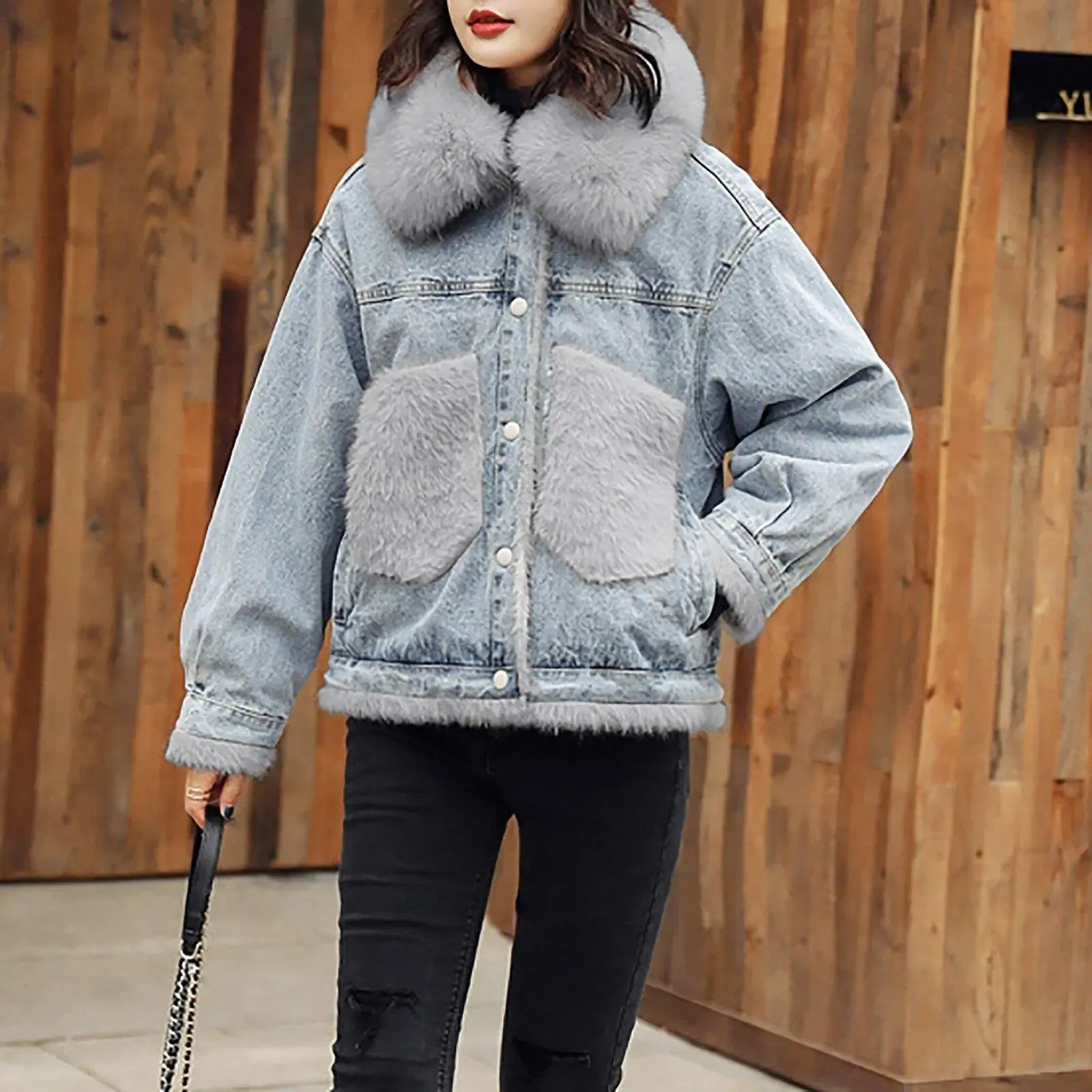 Winter Fox Fur Collar Denim Jacket