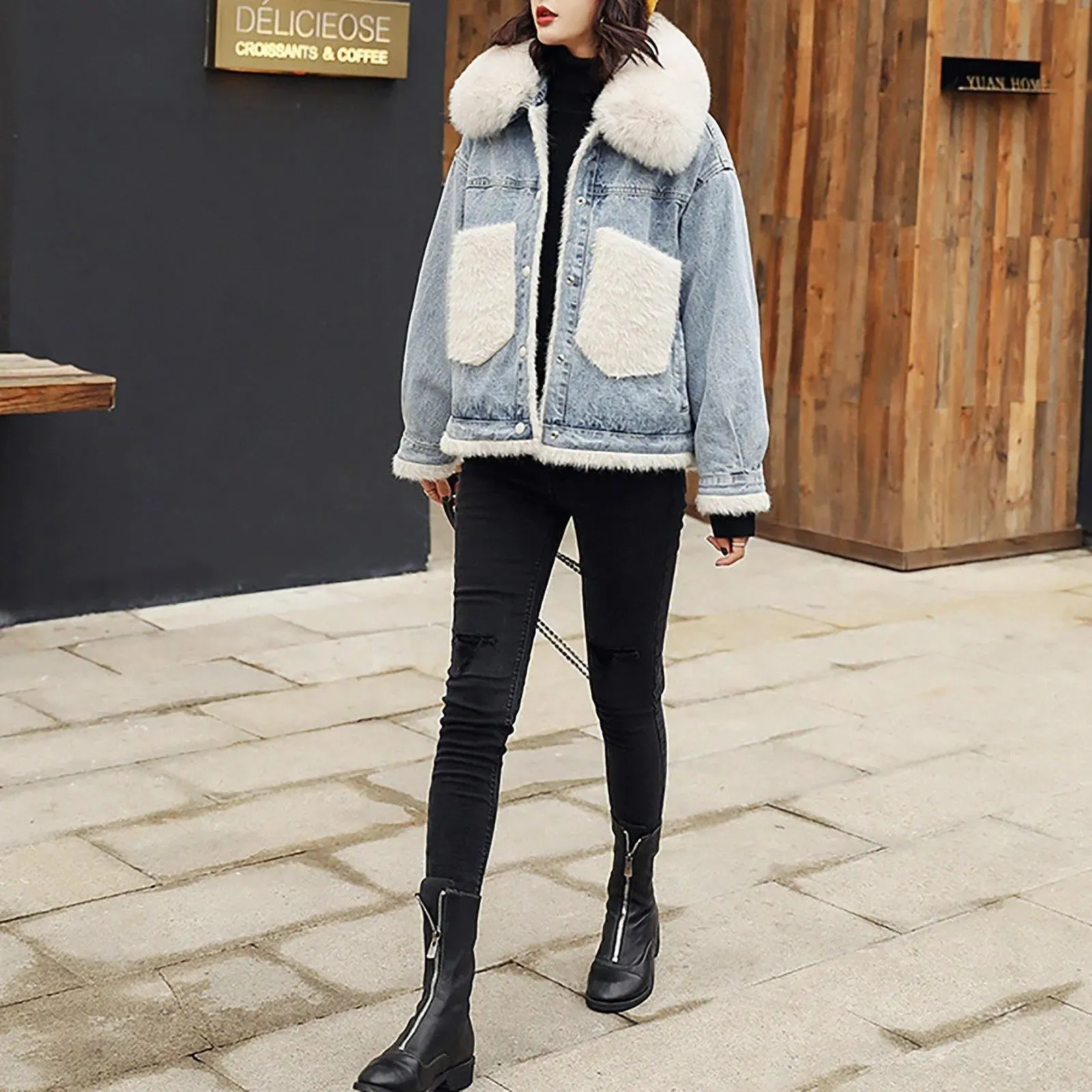 Winter Fox Fur Collar Denim Jacket