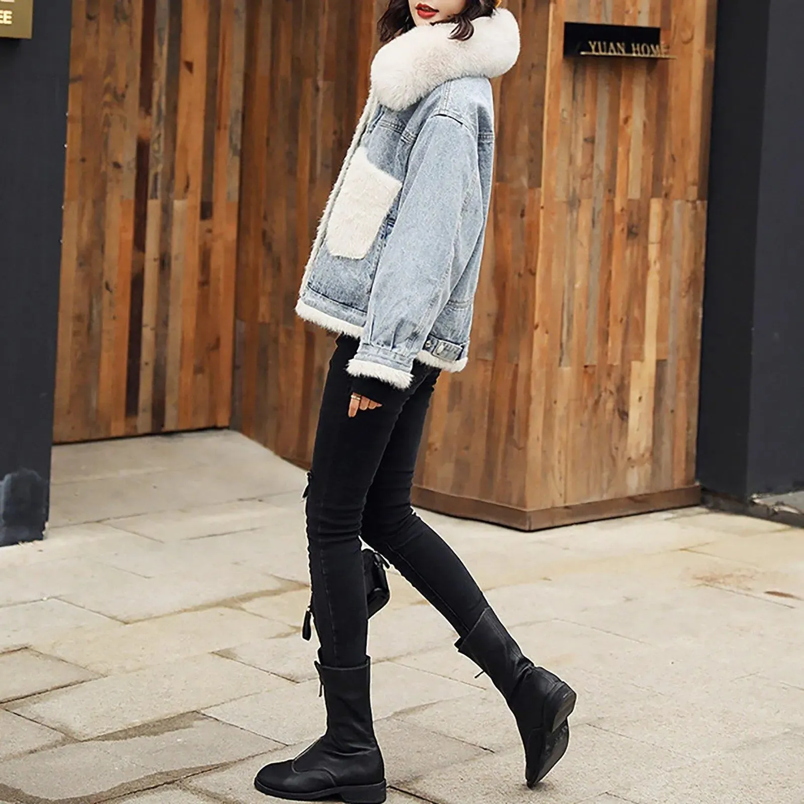 Winter Fox Fur Collar Denim Jacket