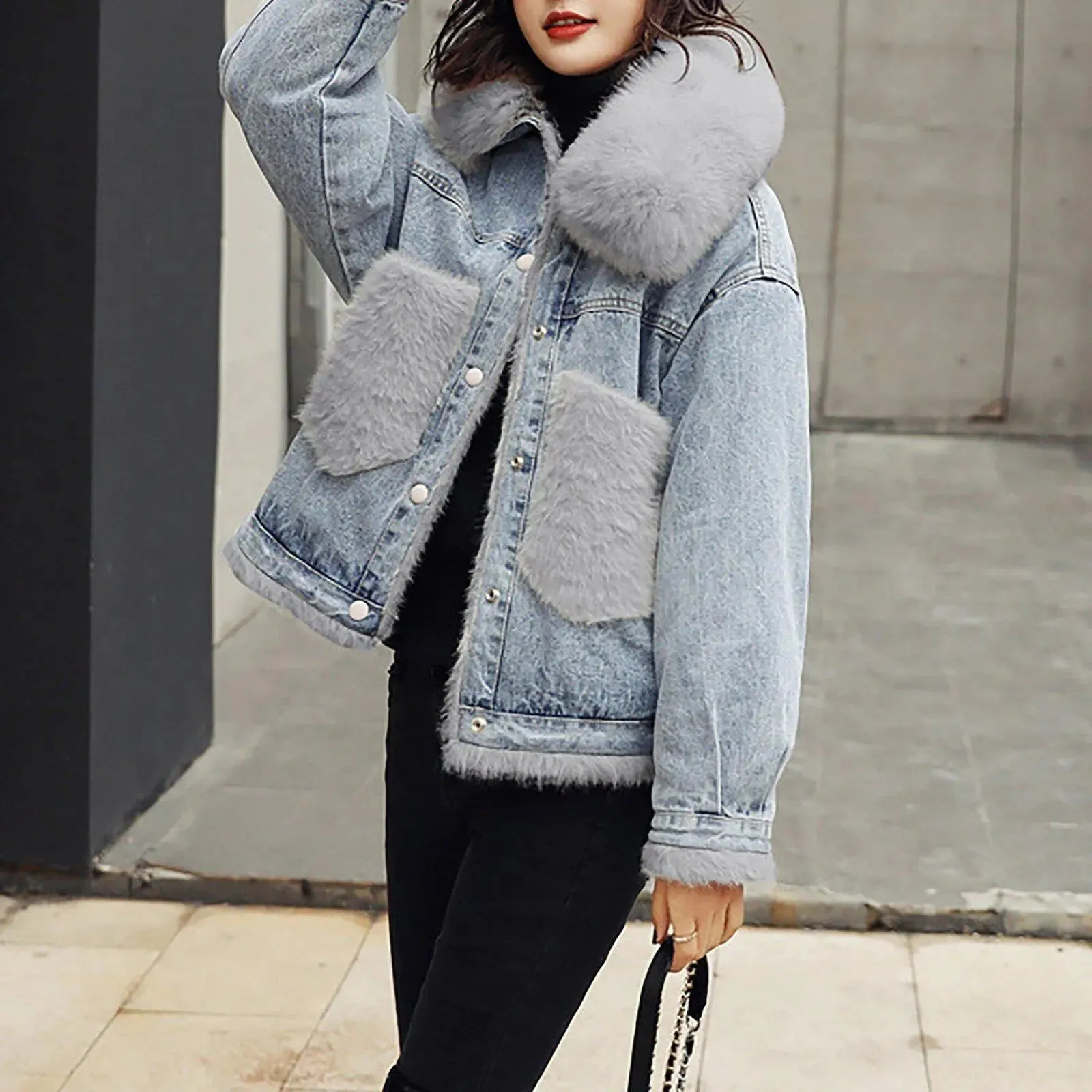 Winter Fox Fur Collar Denim Jacket