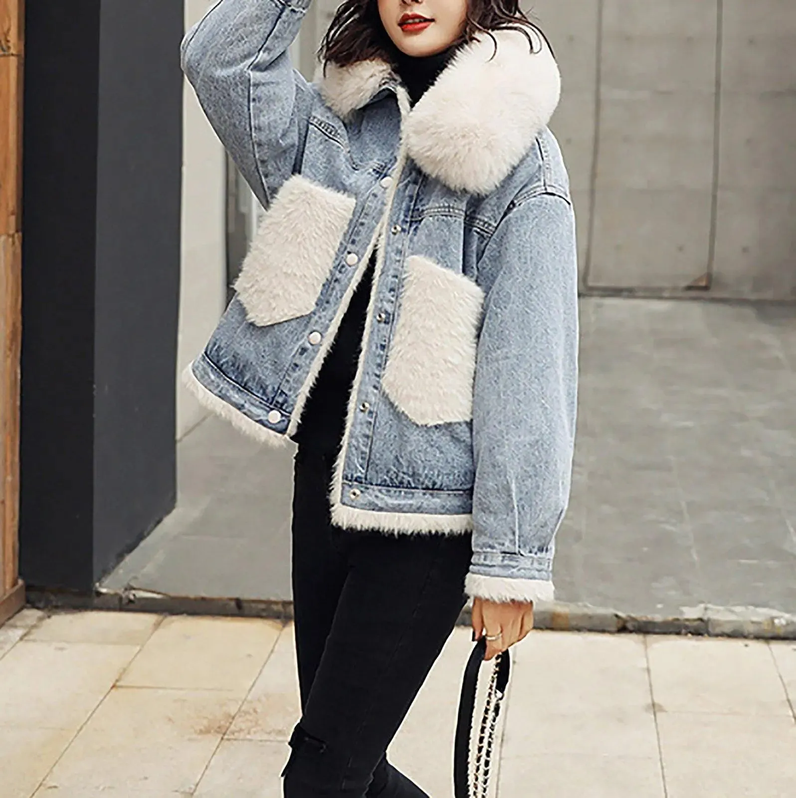 Winter Fox Fur Collar Denim Jacket