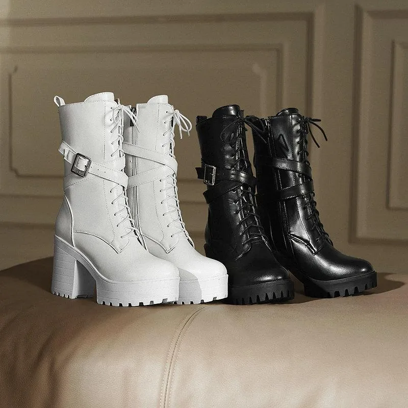 Women chunky heel platform lace up buckle strap combat boots