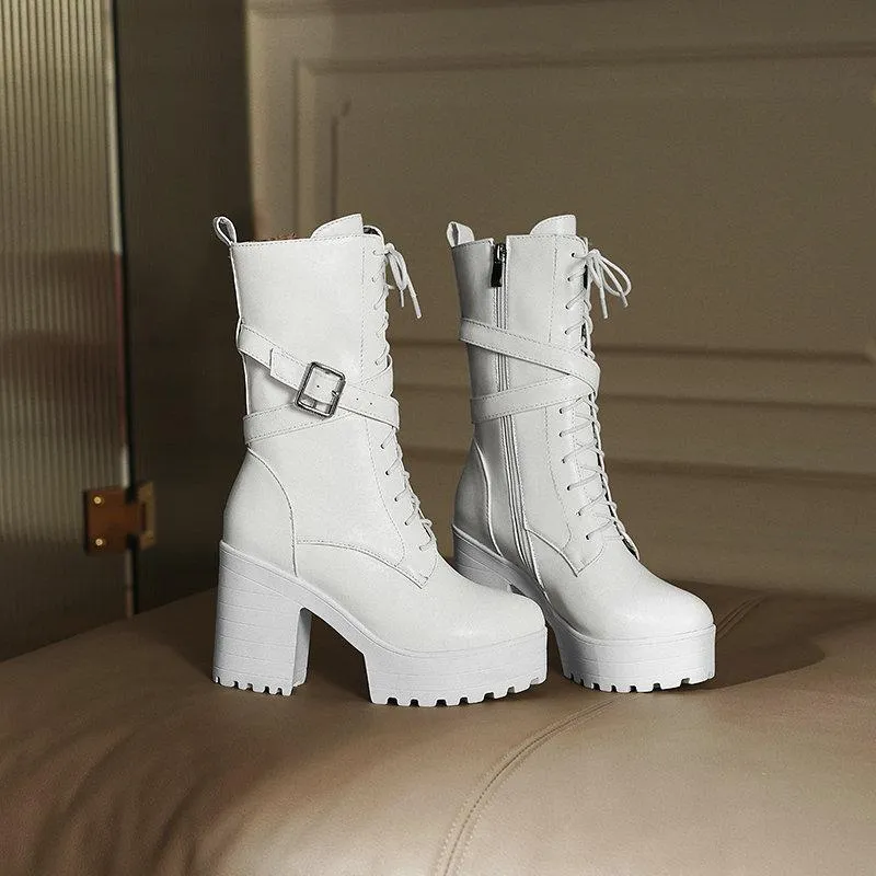 Women chunky heel platform lace up buckle strap combat boots