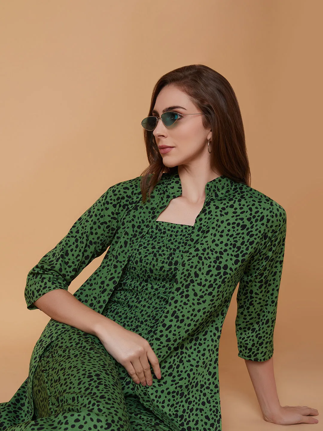 Women Printed Green Basic Jumpsuit with Shrug