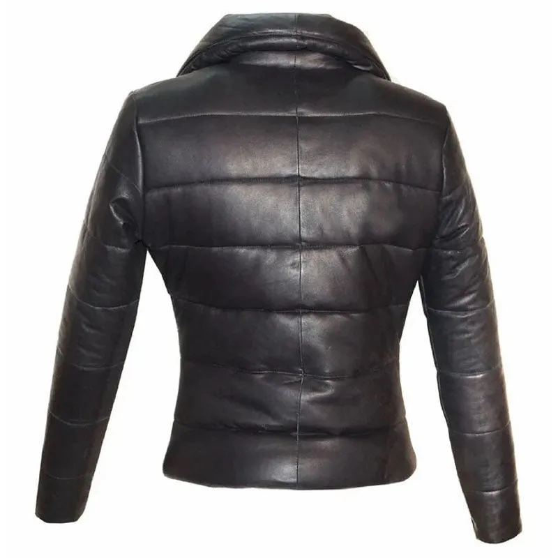 Women Puffer Leather Jacket in Black