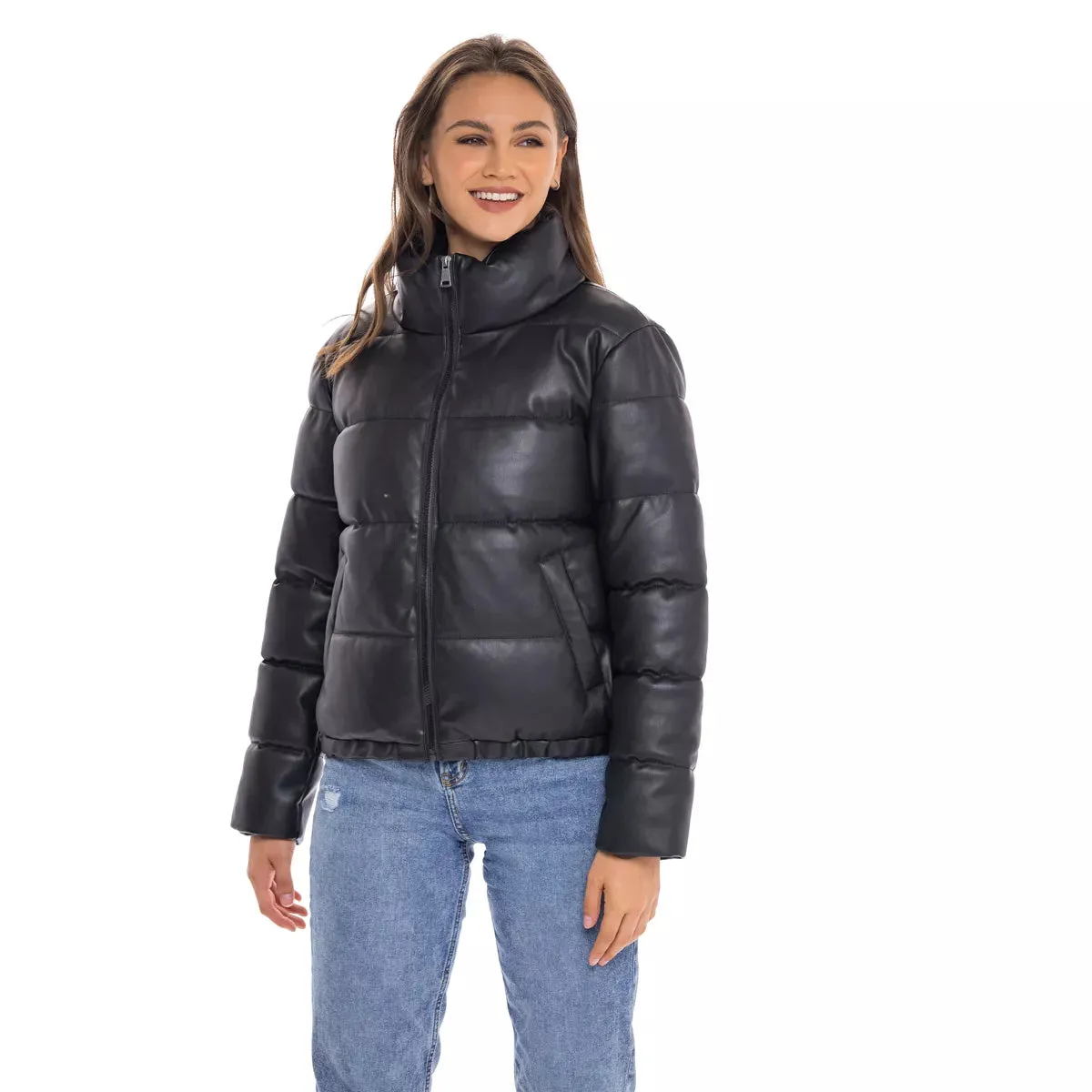 Women's Leather Puffer Jacket