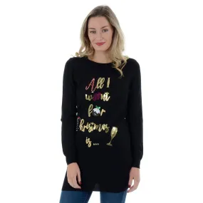 Womens Novelty Sequin All I Want For Christmas Tunic Jumper