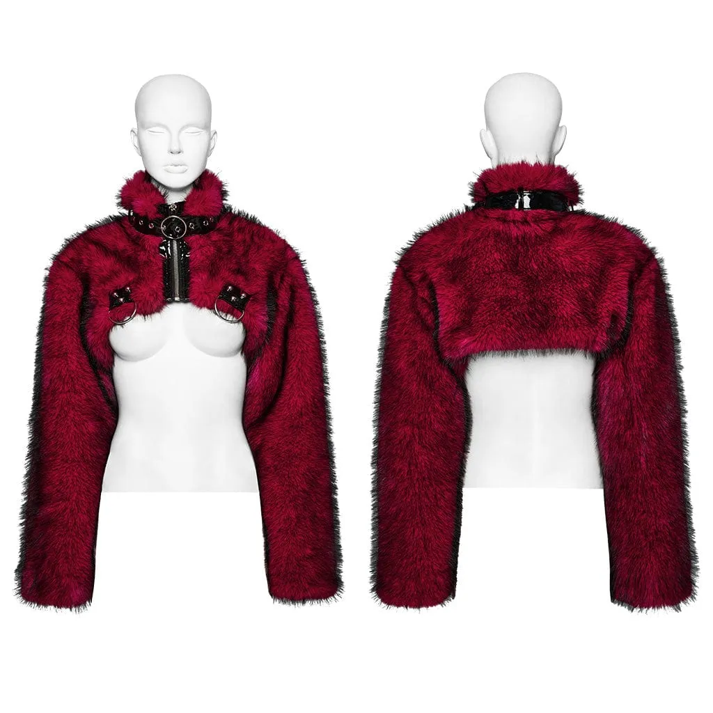 Women's Punk Stand Collar Faux Fur Short Jacket Red