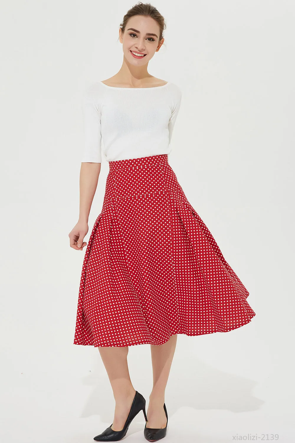 womens red polka dot skirt, summer linen skirt 2139