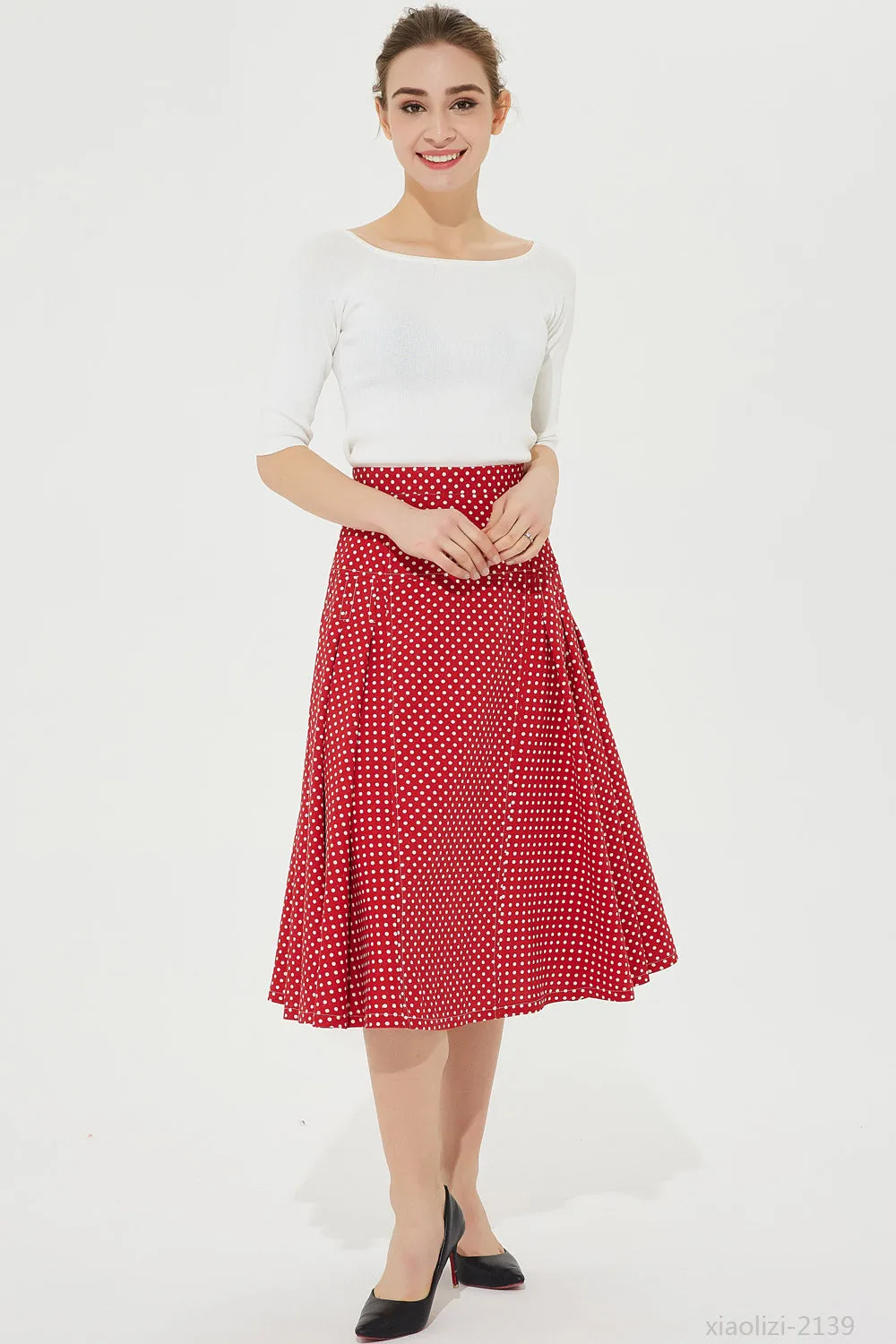 womens red polka dot skirt, summer linen skirt 2139