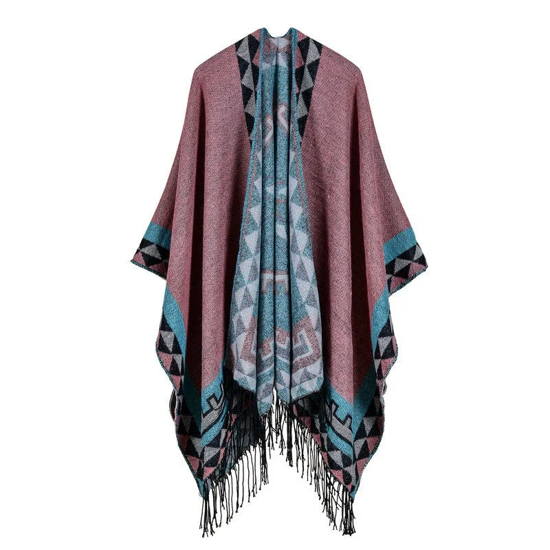 Women's Rhombus Design Fashion Winter Poncho Scarf with Tassel