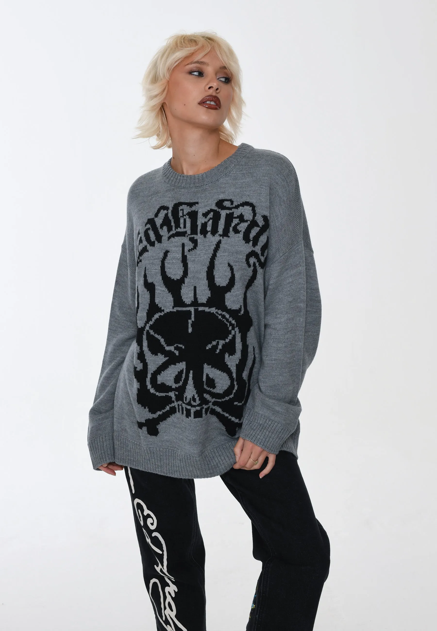 Womens Skull In Flames Jaquard Knitted Jumper - Grey/Black