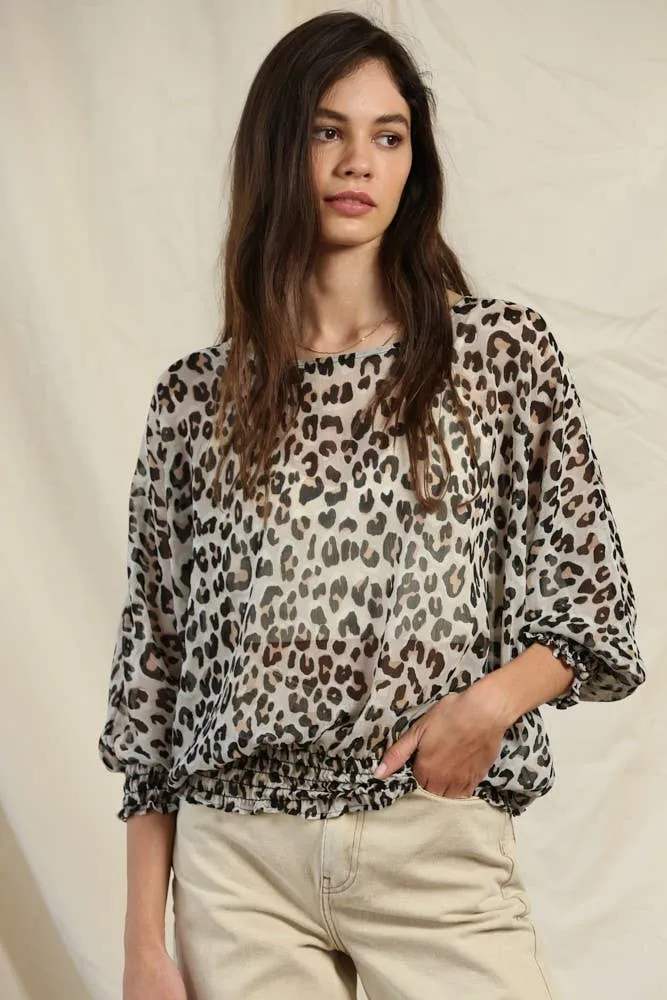 Woven Poly Leopard Chiffon Smocked Top