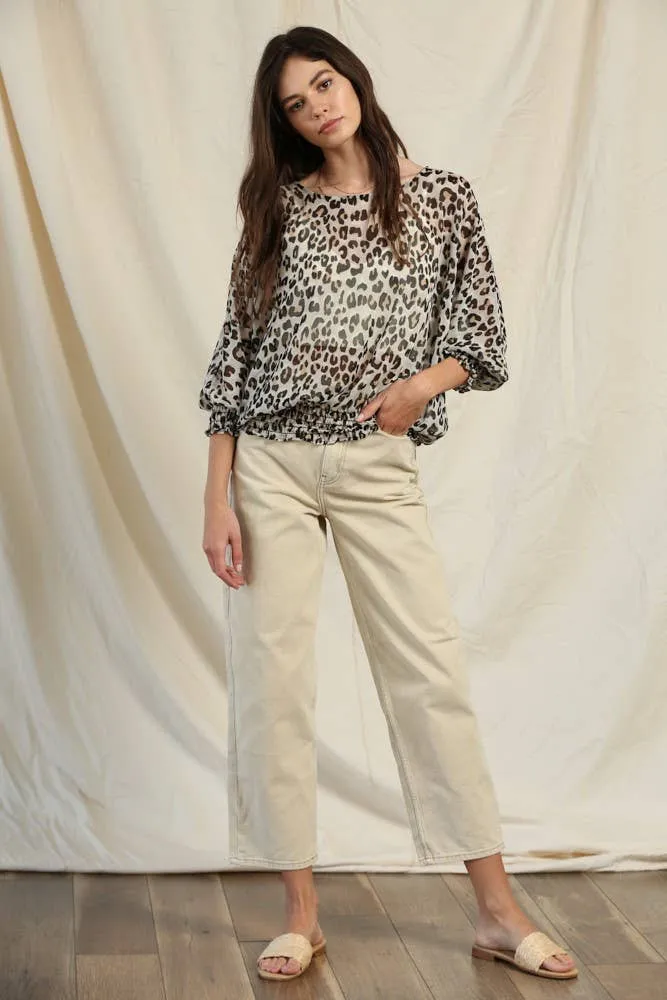 Woven Poly Leopard Chiffon Smocked Top