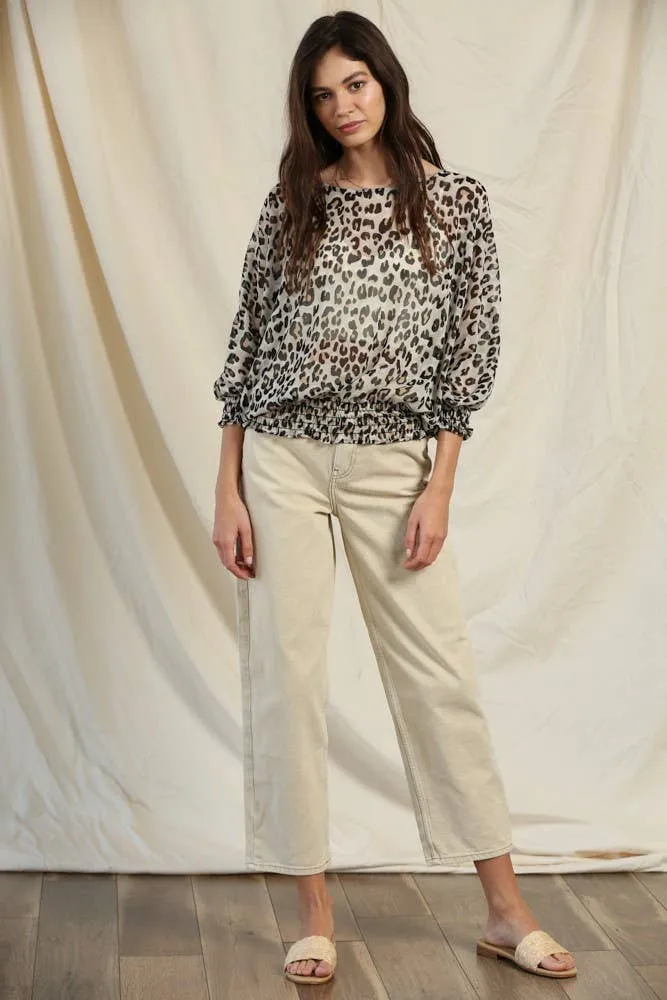 Woven Poly Leopard Chiffon Smocked Top