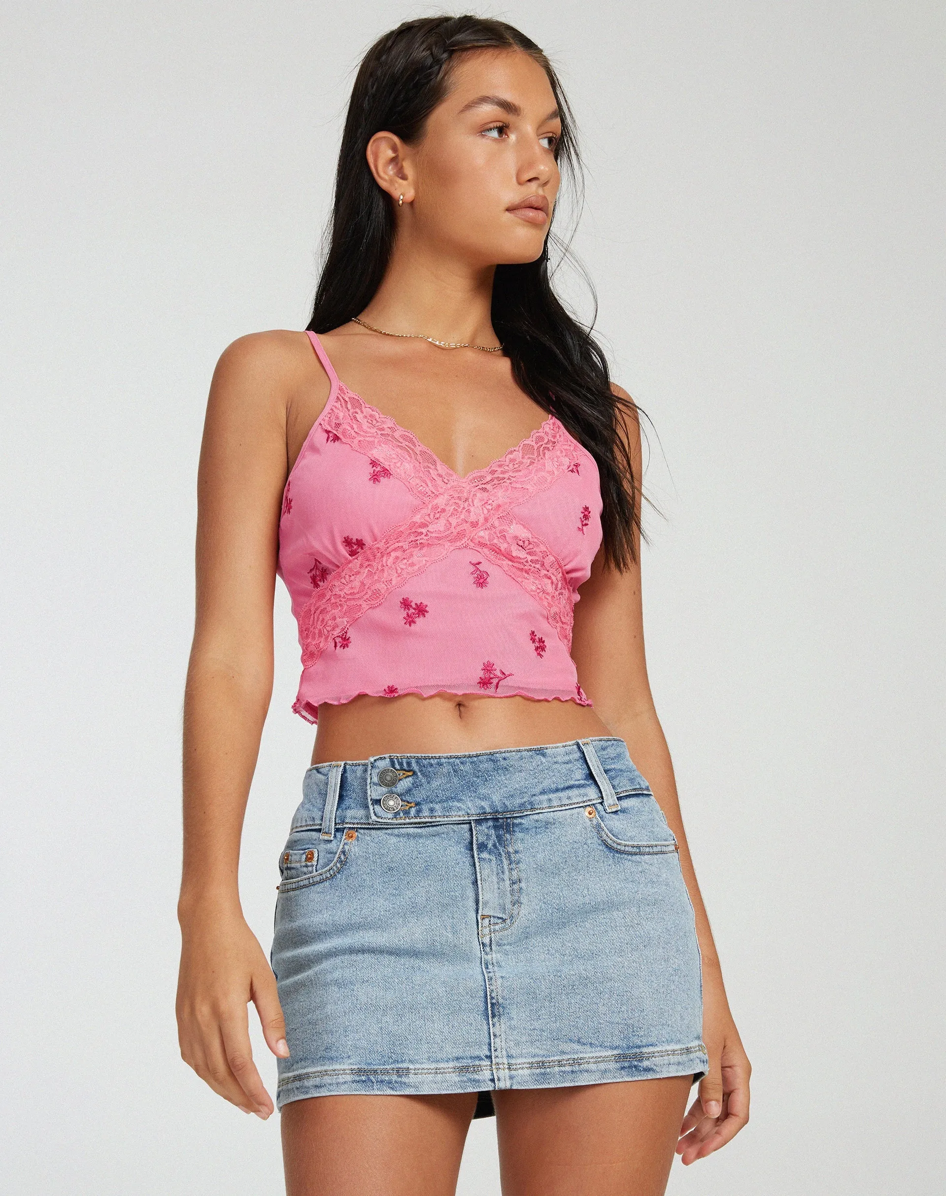 Yecaca Crop Top in Pink Ditsy Daisy Embro